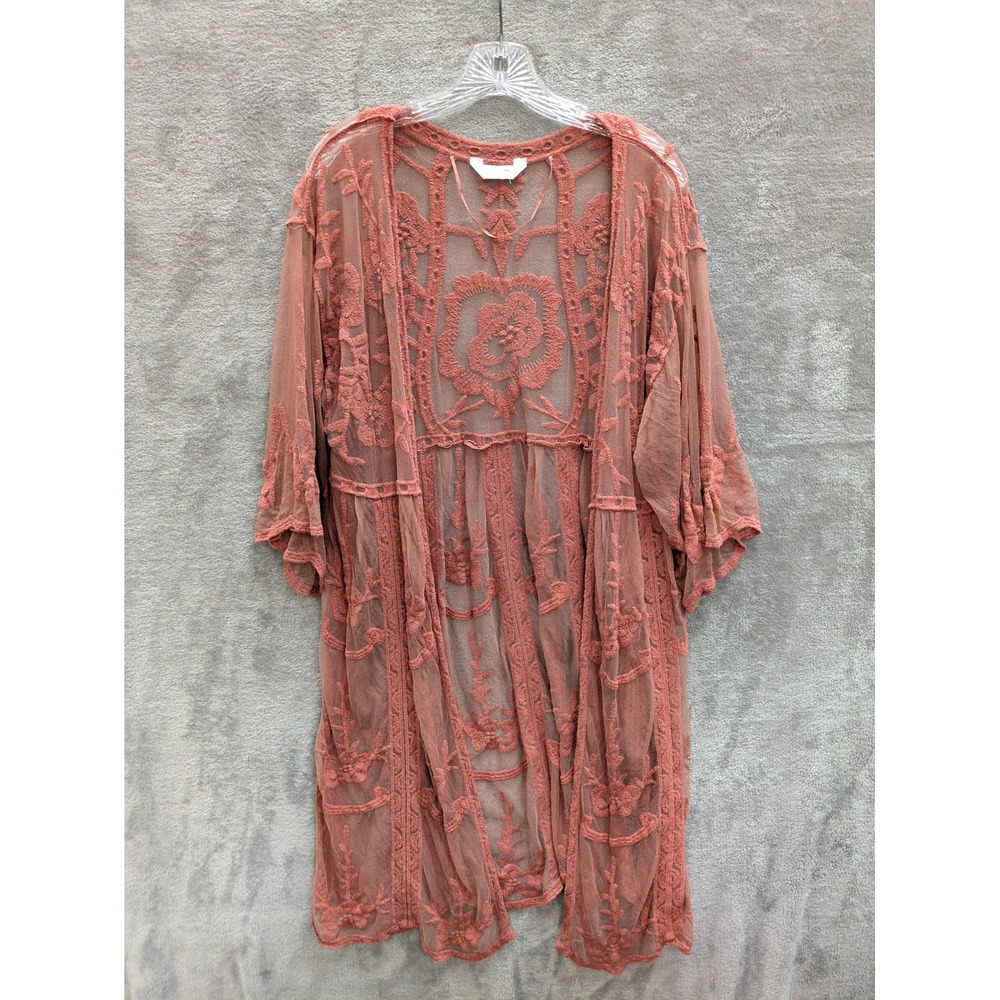 Boho Embroidered Mesh Kimono Cardigan Women One Size Terracotta Rose Festival - Picture 1 of 7